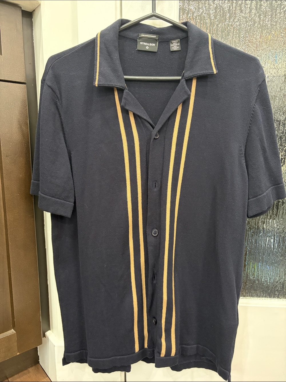 Strellson Navy Short-Sleeve Button-Down Shirt with Tan Stripes